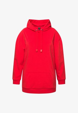 Rode hoodie gemaakt van zachte stof. Beschikt over een voorzak, verstelbare trekkoorden en geribbelde manchetten. Ontspannen pasvorm met een eenvoudig ontwerp.