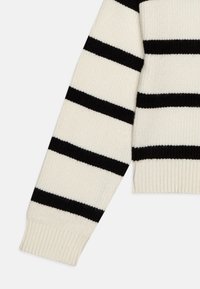 Manica di maglione lavorato a maglia in crema con spesse strisce nere. Presenta polsini e orlo a coste, evidenziando un tessuto testurizzato.