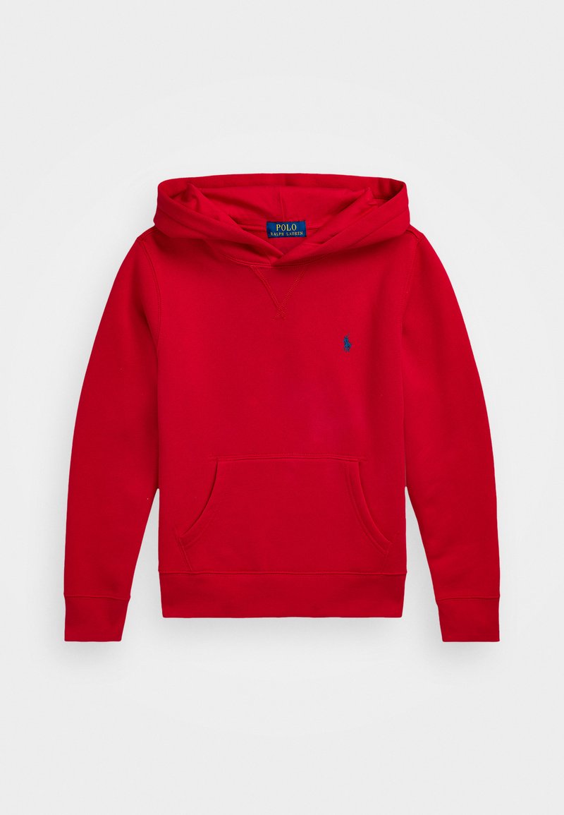 Piros kapucnis pulóver pamut keverékből, kenguruzsebbel, állítható kapucnival, és kék hímzett logóval a bal mellen.