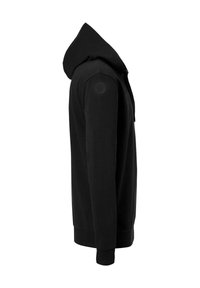 Hoodie noir avec une fermeture éclair sur le devant, des poignets et un ourlet côtelés, et une capuche doublée. Présente un accent de logo rond sur l'épaule. Texture de tissu doux.