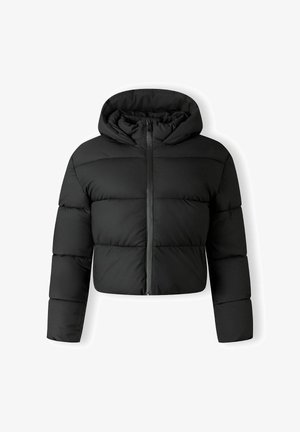 Veste courte en duvet noire avec capuche, présentant une fermeture éclair à l'avant et des coutures horizontales, fabriquée en un matériau lisse et isolant.