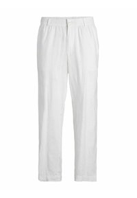Białe lekkie lniane spodnie z elastycznym paskiem, zapięciem na guzik i prostym krojem nogawki.