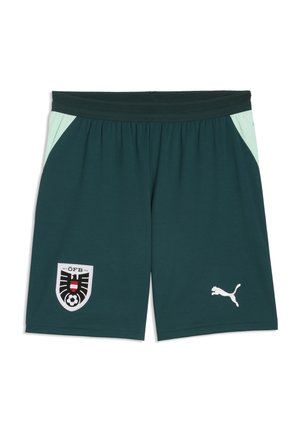 Ciemnozielone sportowe spodenki z jasnooliwkowymi panelami bocznymi, herbem piłkarskim Austrii na lewej nodze oraz białym logo Puma na prawej nodze.