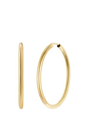 Pair of thin, shiny gold hoop earrings shown from side and front angles on a plain white background.