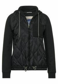 Sort lynlås hættejakke med quiltet nylon front, ensfarvede sorte ærmer og en brystlomme. Har justerbar hætte og metal detaljer.