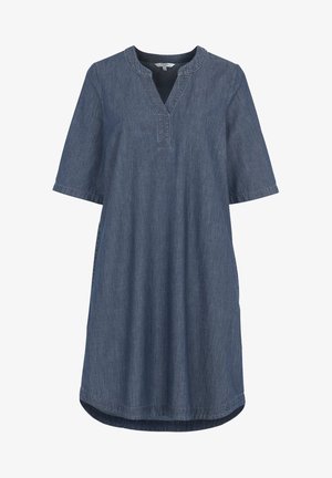 Jeanskleid mit V-Ausschnitt, kurzen Ärmeln und lockerer Passform. Merkmale sind eine Schulternaht und ein abgerundeter Saum in einem mittleren Blauton.