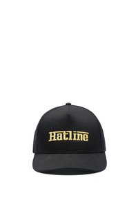 Gorra de béisbol negra con texto bordado en amarillo "Hatline" centrado en el panel frontal sobre un fondo blanco.