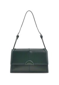Sac à main en cuir vert au design structuré, avec fermeture à rabat et accent logo métallique. Il dispose d'une sangle d'épaule détachable et ajustable.