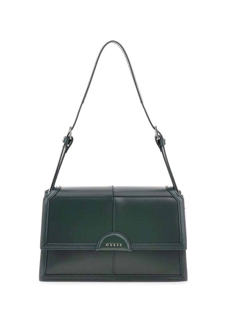 Sac à main en cuir vert au design structuré, avec fermeture à rabat et accent logo métallique. Il dispose d'une sangle d'épaule détachable et ajustable.