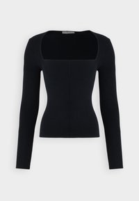 Black ribbed long-sleeve top with a square neckline. Fitted design emphasizing texture. Soft fabric with vertical ribbing pattern.