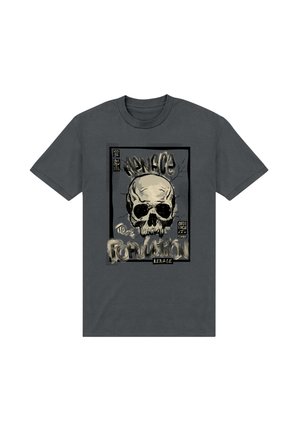 Mørkegrå bomulds t-shirt med et grafisk print af et kranie med teksten "Menace to the Population" i slidte bogstaver.