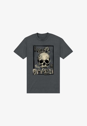 Dunkelgraues Baumwoll-T-Shirt mit einem Grafikdruck eines Schädels und dem Text "Bedrohung für die Bevölkerung" in verwitterter Schrift.