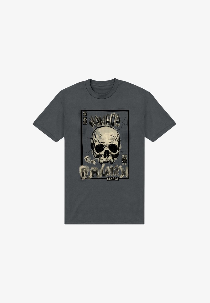 Tmavě šedé bavlněné tričko s grafickým potiskem lebky a textem "Hrozba pro populaci" v opotřebovaném písmu.