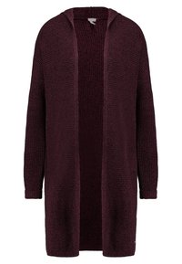 Cardigan en tricot bordeaux avec capuche, devant ouvert et manches longues. Présente un tissu texturé et une coupe décontractée.
