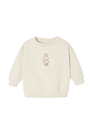Cream-colored long-sleeve toddler sweatshirt with a small brown outline of a bunny and "miffy" text on the chest, featuring snap buttons on one shoulder.
