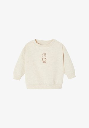 Cremefarbener Langarm-Kinderpullover mit einem kleinen braunen Umriss eines Kaninchens und dem Schriftzug "miffy" auf der Brust, mit Druckknöpfen an einer Schulter.