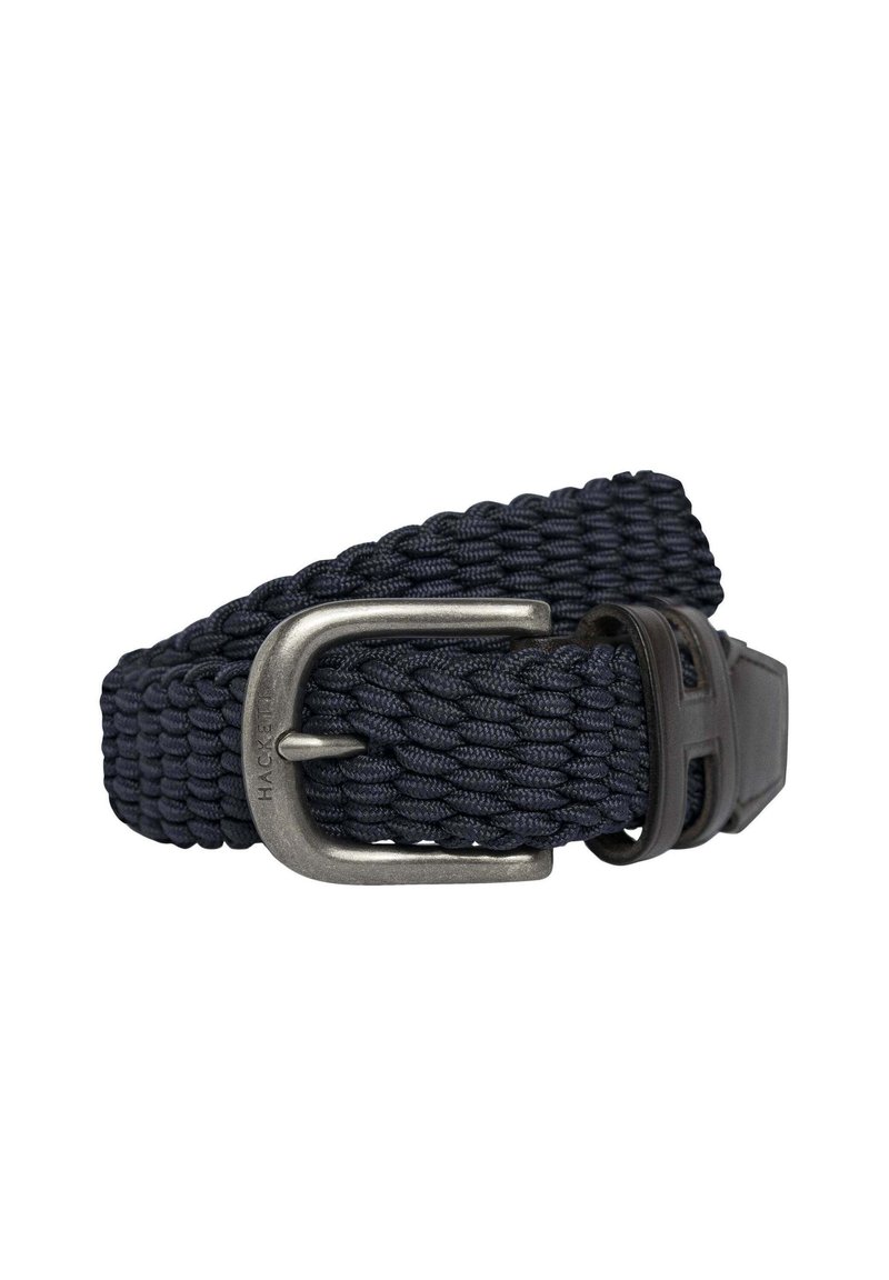 Navy blue kudottu vyö, joka on valmistettu kestävästä kankaasta ja jossa on hopeinen suorakulmainen metallinen solki sekä nahkaakcentti soljen lähellä.
