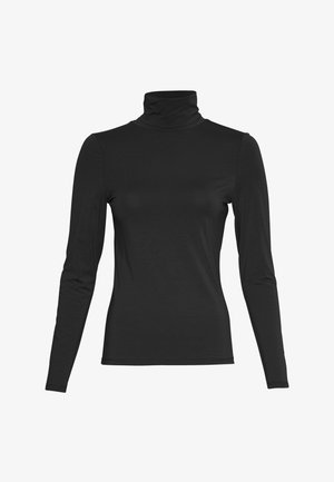 Chemise noire à manches longues avec col roulé, silhouette ajustée, tissu lisse et sans motifs ni ornements visibles.