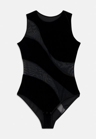 Black bodysuit with a sleeveless design, featuring textured mesh panels and a smooth velvet body. Has a scoop neckline and snap closure.