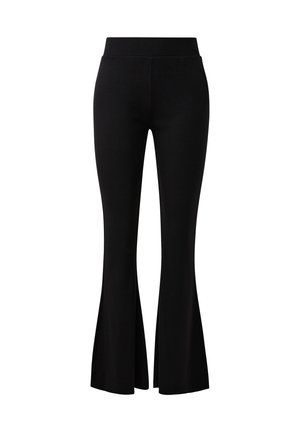 Pantalon évasé noir en tissu extensible avec une taille haute. Il présente des fentes à l'ourlet pour plus de détails et de liberté de mouvement.