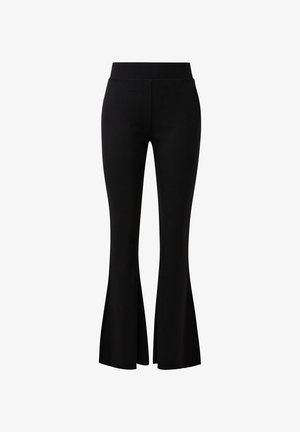 Black flared pants made of stretchy fabric with a high waistband. Features slits at the hem for added detail and movement.