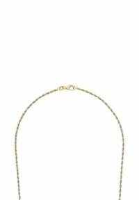 Guld- och silverfärgad tvinnad kedja med lobster clasp-stängning. Har en flätad design, glänsande yta och slät textur.