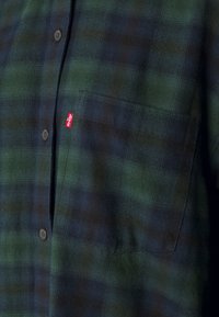 Grün- und blaukarierter Flanellhemd mit einer Brusttasche, schwarzen Knöpfen und rotem Levi's-Logotag auf der Tasche. Weicher Stoff.