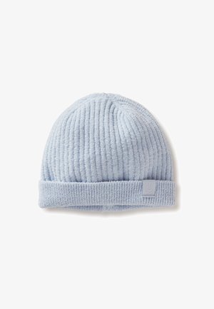 Hellblauer gestrickter Beanie mit gerippter Struktur und umgeschlagenem Saum. Verfügt über ein kleines Logotag an der Seite für zusätzlichen Detail. Weiches Material.
