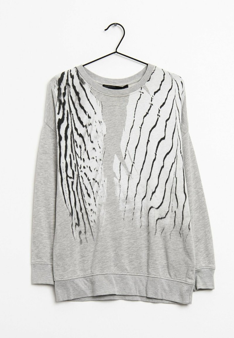 Felpa grigia con un motivo a strisce astratte in bianco e nero sulla parte anteriore, con collo rotondo e polsini e orlo a coste.