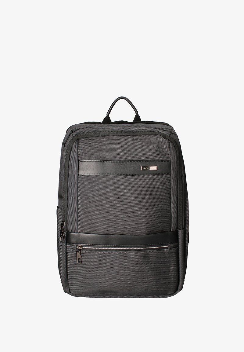 Sac à dos rectangulaire noir avec une poche avant zippée, une poignée supérieure et des détails en tissu texturé.