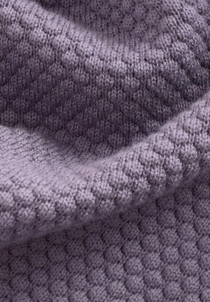 Knitted textile in a lavender hue with a textured, raised pattern. The fabric is soft and pliable, showcasing intricate stitch details.