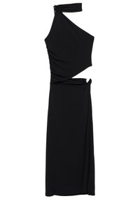 Schwarzes, einseitiges Kleid aus glattem Stoff. Verfügt über ein drapiertes Design und einen asymmetrischen Schnitt an der Taille, der seitlich betont wird.