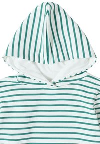 Sudadera con capucha a rayas en blanco y agua. Presenta una mezcla de telas suaves, con una capucha forrada y rayas horizontales uniformes para un aspecto cohesivo.