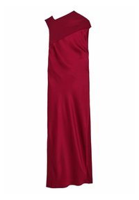 Bodenlanges, ärmelloses rotes Kleid mit asymmetrischem hohen Ausschnitt und glatter Stofftextur.