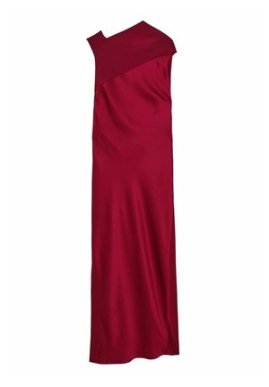 Dolga brezrokavna rdeča obleka z asimetričnim visokim ovratnikom in gladko teksturo tkanine.