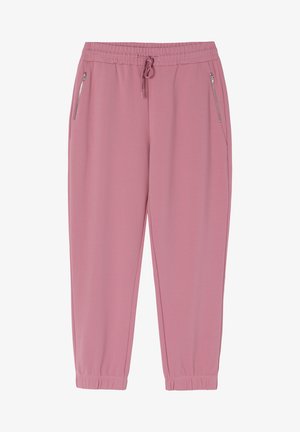 Ružové teplákové nohavice vyrobené z mäkkej tkaniny, s elastickým pásom a šnúrkou na stiahnutie, bočnými vreckami na zips a elastickými manžetami.