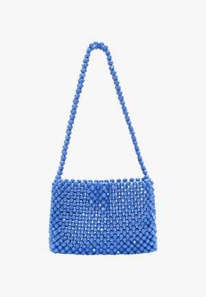 Niebieska torebka beaded w kształcie prostokąta, z teksturowaną powierzchnią wykonaną z błyszczących koralików i cienkim paskiem na ramię.