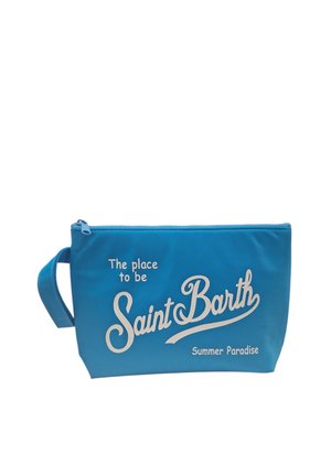 Bustina blu con cerniera e manico, stampata con testo bianco che dice "The place to be Saint Barth Summer Paradise."