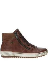 Chaussure montante en cuir marron avec une finition texturée, dotée d'une fermeture éclair sur le côté, de lacets ronds et d'une semelle en caoutchouc striée. Agrémentée d'un détail logo.