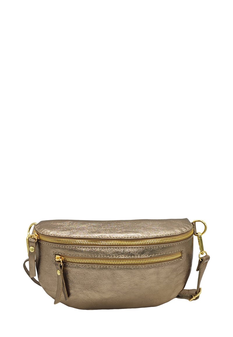 Sac bandoulière en métal doré avec deux compartiments zippés, texture lisse, bandoulière ajustable et accents en métal doré.