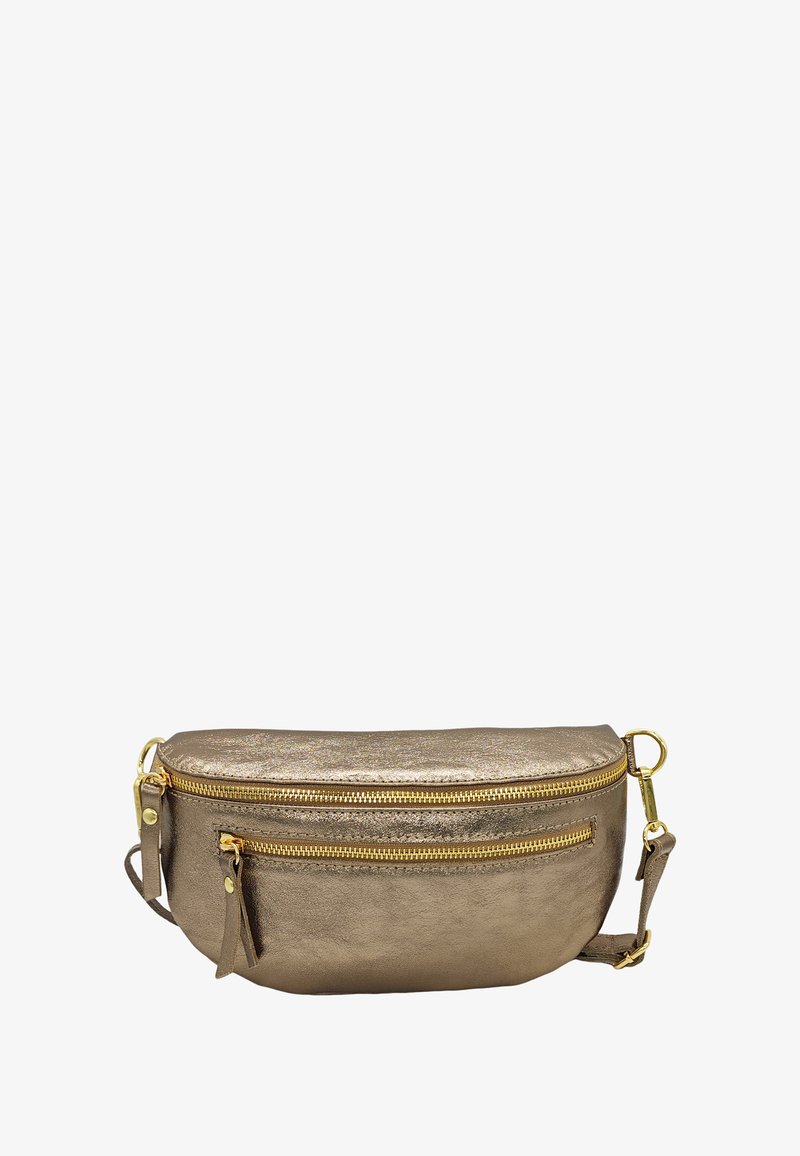 Sac bandoulière en métal doré avec deux compartiments zippés, texture lisse, bandoulière ajustable et accents en métal doré.