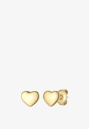 Kleine polierte Ohrstecker aus Gold in Herzform mit Schmetterlingsverschluss auf weißem Hintergrund.