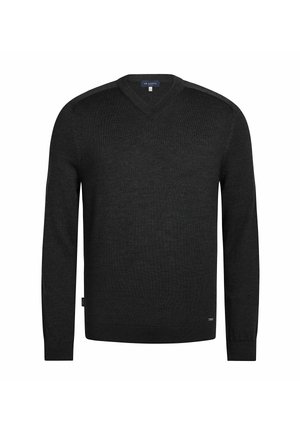V-hals trui in donkergrijze gebreide stof, met lange mouwen en een nauwsluitend ontwerp, voorzien van een subtiel logolabel aan de zoom.