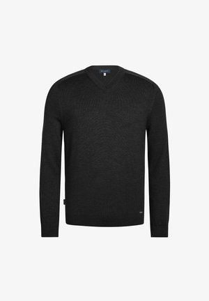 V-hals trui in donkergrijze gebreide stof, met lange mouwen en een nauwsluitend ontwerp, voorzien van een subtiel logolabel aan de zoom.