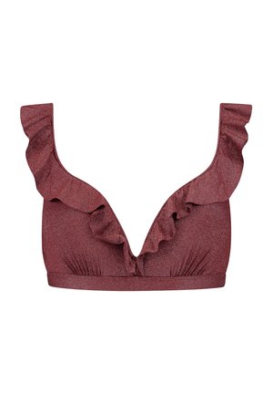 Bordeauxfarbener, rüschiger Bralette mit tiefem V-Ausschnitt, gefertigt aus einem schimmernden Stoff. Verfügt über geraffte Details am Saum.