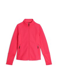 Fleece jack in een levendige roze kleur, met een hoge kraag, een rits aan de voorkant en twee zijvakken. Gestructureerde stof en taps toelopende mouwen.