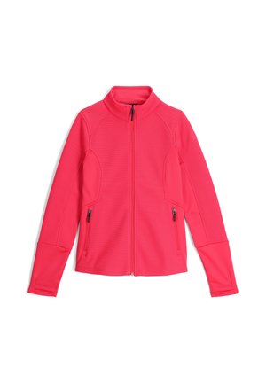 Veste en polaire de couleur rose vif, avec un col haut, une fermeture éclair à l'avant et deux poches latérales. Tissu texturé et manches fuselées.