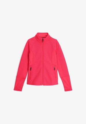 Fleecejacke in leuchtendem Pink mit hohem Kragen, Reißverschluss vorne und zwei seitlichen Taschen. Strukturiertes Material und taillierte Ärmel.