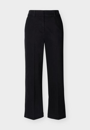 Pantalon noir droit sur mesure avec passants de ceinture et fermeture avant, présenté sur un fond blanc.