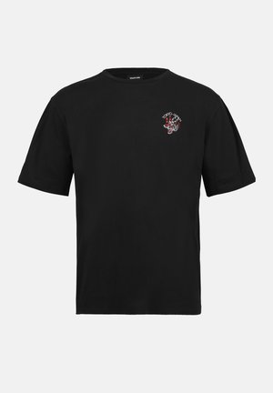 Black cotton t-shirt with short sleeves, round neck, and small colorful dragon and text logo on the chest. Standard fit design.